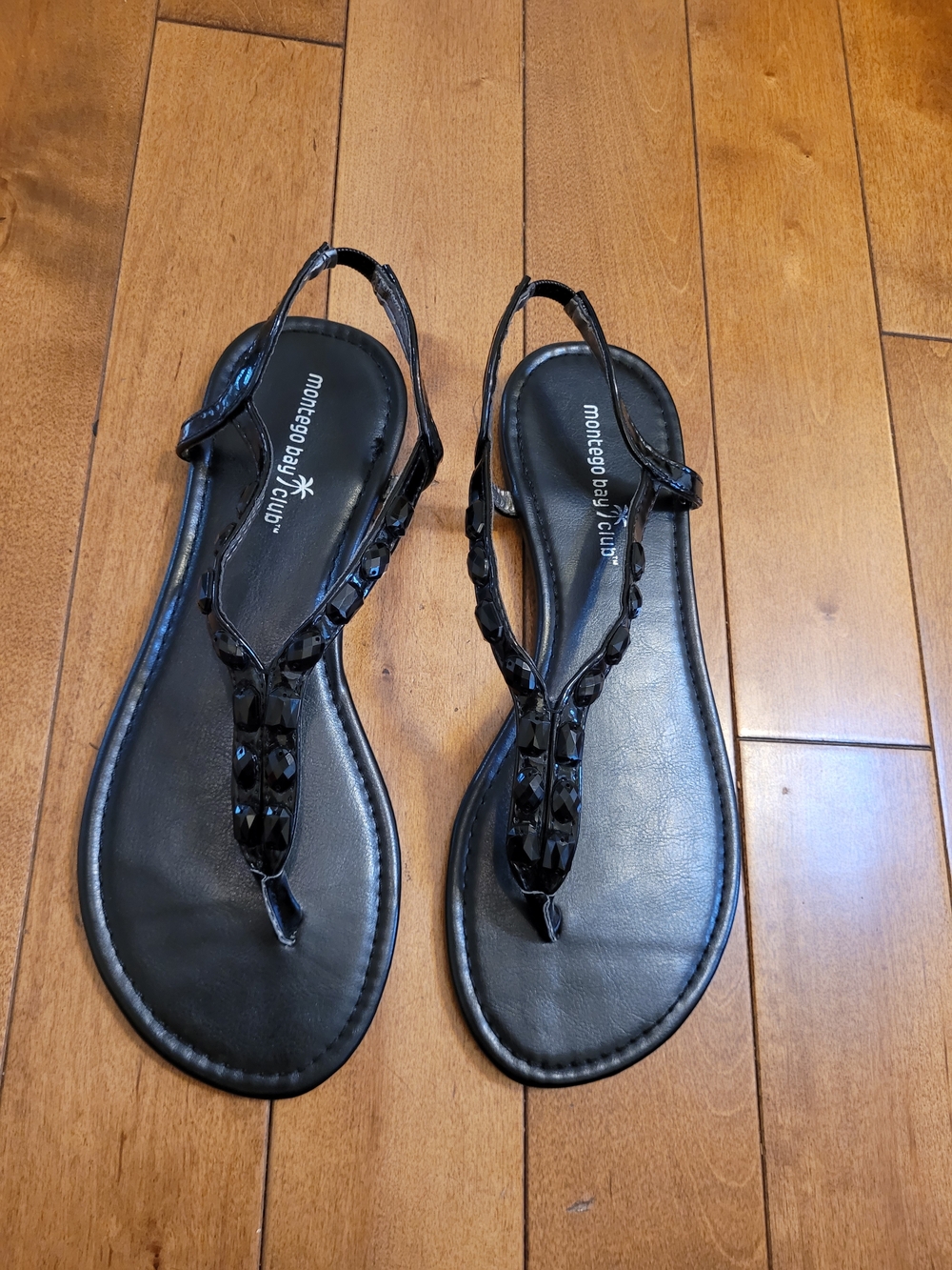 Brand New Vintage Montego Bay Club Black Jeweled T-Strap Women's US 11 Sandals